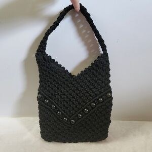 Vintage Hobo Boho Black Beaded Crochet Handbag Shoulder Bag Purse Bag